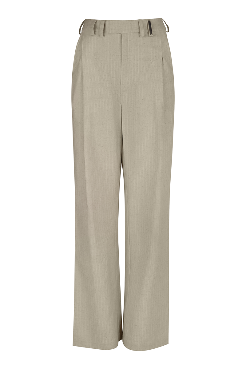 Beige white striped straight linen pants